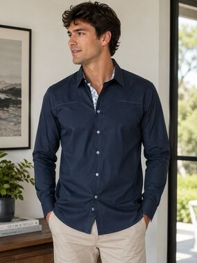 Men's Bogosse Tailored Navy Long-Sleeve Dress Shirt sz L